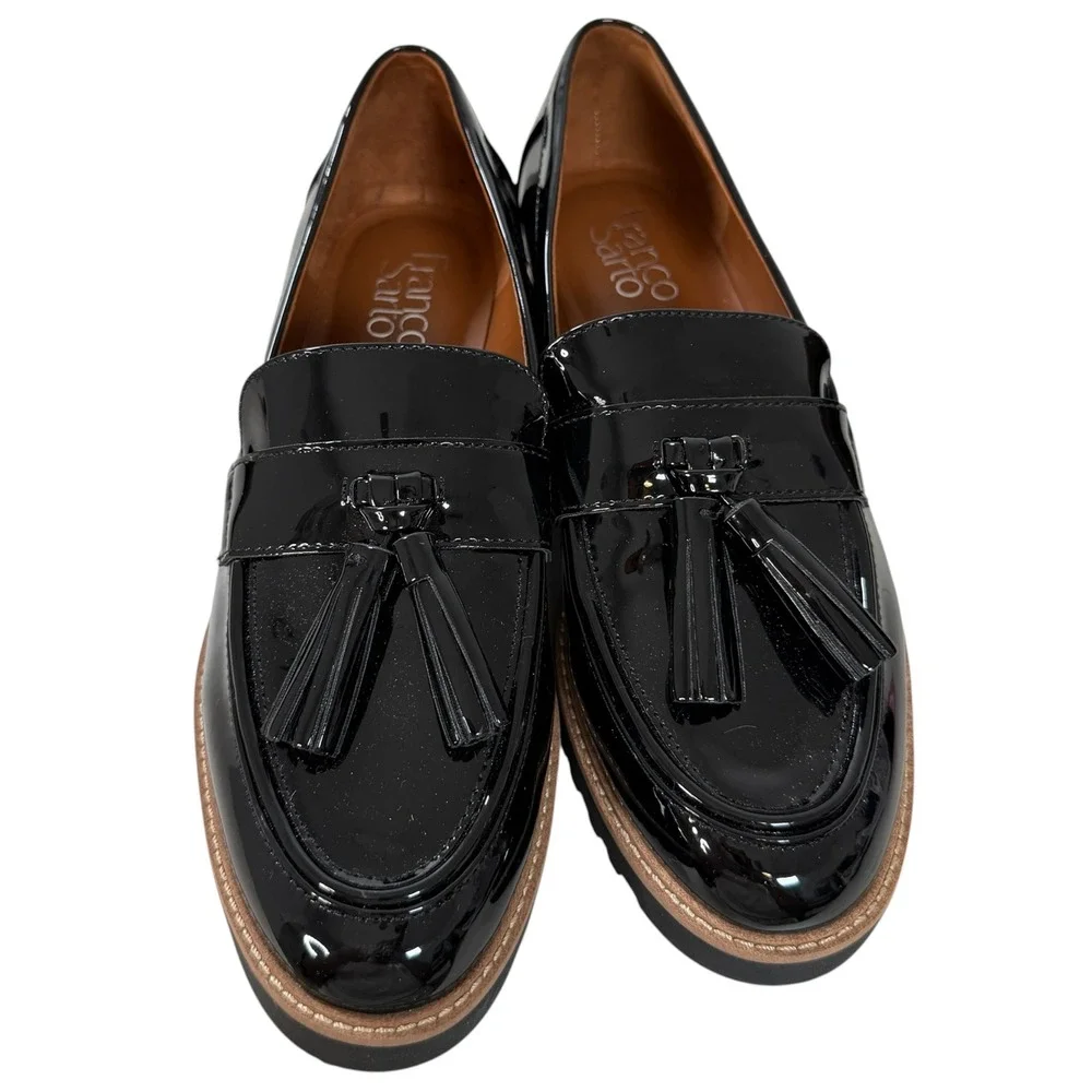 Franco Sarto Carolynn Black Patent Tassel Lug Sole Platform Loafer Size 7.5W New